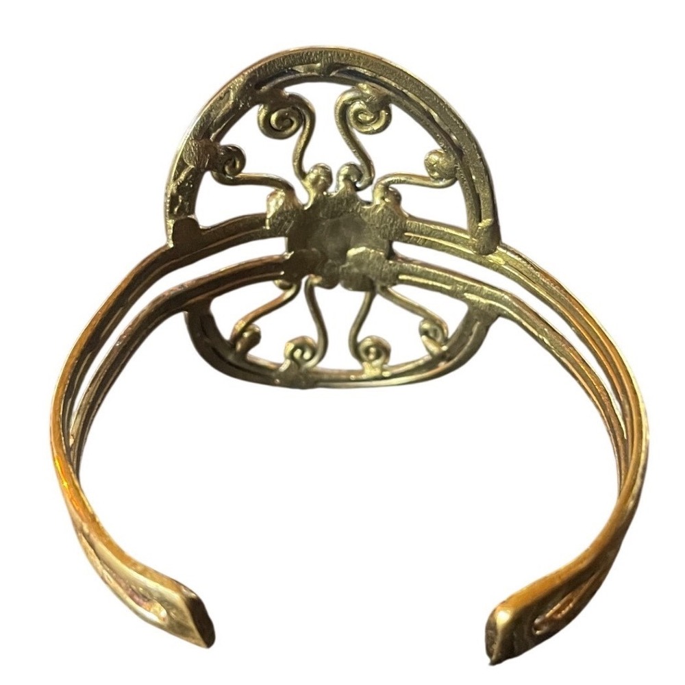 Artisan Gold Tone Filigree Scroll Cuff Bracelet Red Faceted Gemstone Statement - Picture 4 of 6